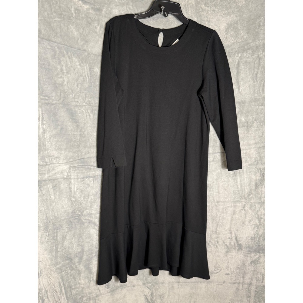 J. Jill Black Ponte Knit Flounce Hem Dress Womens Medium Tall Long Sleeve